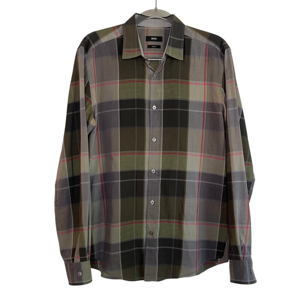 Boss Hugo Boss Mens Slim Fit Plaid Button Up Top Size Medium Gray Red Career